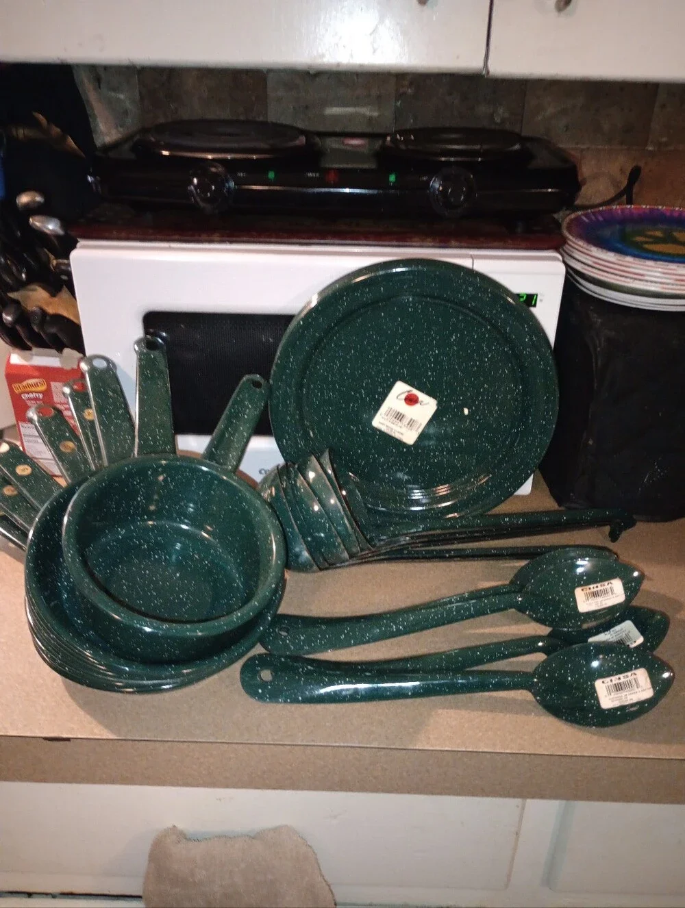 Large Lot Of Cinsa Green Speckled Enamel Camping Cookware